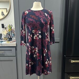 J. Jill Navy Floral Long Sleeve A-line Dress